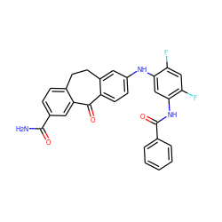 NC(=O)c1ccc2c(c1)C(=O)c1ccc(Nc3cc(NC(=O)c4ccccc4)c(F)cc3F)cc1CC2 ZINC001772623913