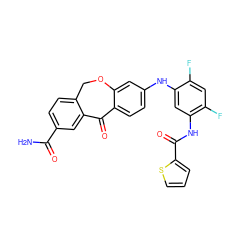 NC(=O)c1ccc2c(c1)C(=O)c1ccc(Nc3cc(NC(=O)c4cccs4)c(F)cc3F)cc1OC2 ZINC001772631978