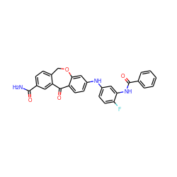 NC(=O)c1ccc2c(c1)C(=O)c1ccc(Nc3ccc(F)c(NC(=O)c4ccccc4)c3)cc1OC2 ZINC001772579201