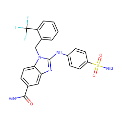 NC(=O)c1ccc2c(c1)nc(Nc1ccc(S(N)(=O)=O)cc1)n2Cc1ccccc1C(F)(F)F ZINC000043079582