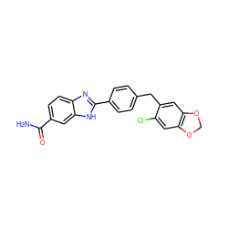 NC(=O)c1ccc2nc(-c3ccc(Cc4cc5c(cc4Cl)OCO5)cc3)[nH]c2c1 ZINC000139617462