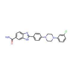 NC(=O)c1ccc2nc(-c3ccc(N4CCN(c5cccc(Cl)c5)CC4)cc3)[nH]c2c1 ZINC000038450332