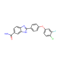 NC(=O)c1ccc2nc(-c3ccc(Oc4ccc(Cl)c(F)c4)cc3)[nH]c2c1 ZINC000034291446