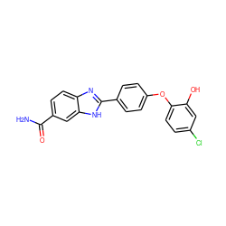 NC(=O)c1ccc2nc(-c3ccc(Oc4ccc(Cl)cc4O)cc3)[nH]c2c1 ZINC000136803131