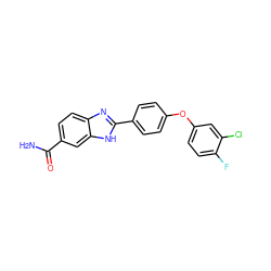 NC(=O)c1ccc2nc(-c3ccc(Oc4ccc(F)c(Cl)c4)cc3)[nH]c2c1 ZINC000135883863