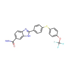 NC(=O)c1ccc2nc(-c3ccc(Sc4ccc(OC(F)(F)F)cc4)cc3)[nH]c2c1 ZINC000034351506