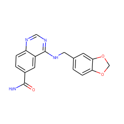 NC(=O)c1ccc2ncnc(NCc3ccc4c(c3)OCO4)c2c1 ZINC000013737674