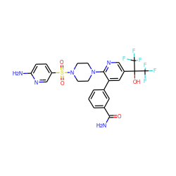NC(=O)c1cccc(-c2cc(C(O)(C(F)(F)F)C(F)(F)F)cnc2N2CCN(S(=O)(=O)c3ccc(N)nc3)CC2)c1 ZINC000299829946