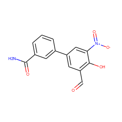 NC(=O)c1cccc(-c2cc(C=O)c(O)c([N+](=O)[O-])c2)c1 ZINC000169699662