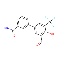 NC(=O)c1cccc(-c2cc(C=O)c(O)c(C(F)(F)F)c2)c1 ZINC000169699646