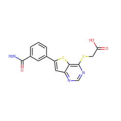 NC(=O)c1cccc(-c2cc3ncnc(SCC(=O)O)c3s2)c1 ZINC000072124421