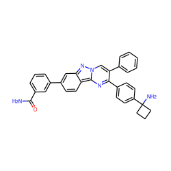 NC(=O)c1cccc(-c2ccc3c(c2)nn2cc(-c4ccccc4)c(-c4ccc(C5(N)CCC5)cc4)nc32)c1 ZINC000143454022