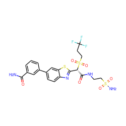 NC(=O)c1cccc(-c2ccc3nc([C@@H](C(=O)NCCS(N)(=O)=O)S(=O)(=O)CCC(F)(F)F)sc3c2)c1 ZINC000145522493