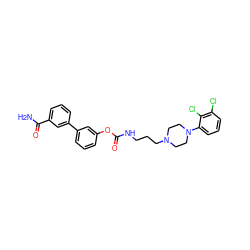 NC(=O)c1cccc(-c2cccc(OC(=O)NCCCN3CCN(c4cccc(Cl)c4Cl)CC3)c2)c1 ZINC000213919832