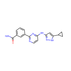 NC(=O)c1cccc(-c2nccc(Nc3cc(C4CC4)[nH]n3)n2)c1 ZINC000084596964