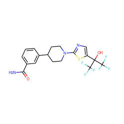 NC(=O)c1cccc(C2CCN(c3ncc(C(O)(C(F)(F)F)C(F)(F)F)s3)CC2)c1 ZINC000064549089