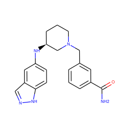 NC(=O)c1cccc(CN2CCC[C@H](Nc3ccc4[nH]ncc4c3)C2)c1 ZINC000114335147