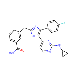 NC(=O)c1cccc(Cc2nc(-c3ccc(F)cc3)c(-c3ccnc(NC4CC4)n3)[nH]2)c1 ZINC000040934328