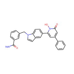 NC(=O)c1cccc(Cn2ccc3cc(-c4cc(-c5ccccc5)cc(=O)n4O)ccc32)c1 ZINC000095562723