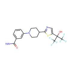 NC(=O)c1cccc(N2CCC(c3ncc(C(O)(C(F)(F)F)C(F)(F)F)s3)CC2)c1 ZINC000064540381