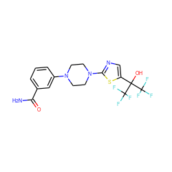 NC(=O)c1cccc(N2CCN(c3ncc(C(O)(C(F)(F)F)C(F)(F)F)s3)CC2)c1 ZINC000064540692