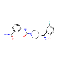 NC(=O)c1cccc(NC(=O)N2CCC(c3noc4ccc(F)cc34)CC2)c1 ZINC000205138764