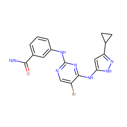 NC(=O)c1cccc(Nc2ncc(Br)c(Nc3cc(C4CC4)n[nH]3)n2)c1 ZINC000141623271