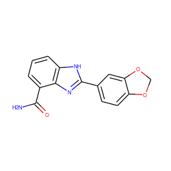 NC(=O)c1cccc2[nH]c(-c3ccc4c(c3)OCO4)nc12 ZINC000013834552