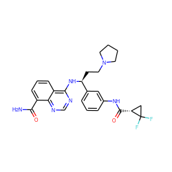 NC(=O)c1cccc2c(N[C@@H](CCN3CCCC3)c3cccc(NC(=O)[C@@H]4CC4(F)F)c3)ncnc12 ZINC000114347525