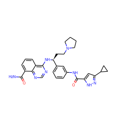 NC(=O)c1cccc2c(N[C@@H](CCN3CCCC3)c3cccc(NC(=O)c4cc(C5CC5)n[nH]4)c3)ncnc12 ZINC000114347676