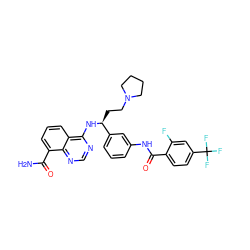 NC(=O)c1cccc2c(N[C@@H](CCN3CCCC3)c3cccc(NC(=O)c4ccc(C(F)(F)F)cc4F)c3)ncnc12 ZINC000167025463