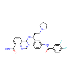 NC(=O)c1cccc2c(N[C@@H](CCN3CCCC3)c3cccc(NC(=O)c4ccc(F)c(F)c4)c3)ncnc12 ZINC000114346205