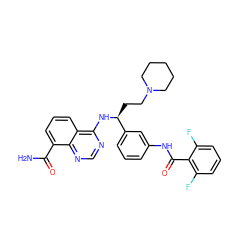 NC(=O)c1cccc2c(N[C@@H](CCN3CCCCC3)c3cccc(NC(=O)c4c(F)cccc4F)c3)ncnc12 ZINC000114348798