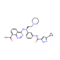 NC(=O)c1cccc2c(N[C@@H](CCN3CCCCC3)c3cccc(NC(=O)c4cc(C5CC5)n[nH]4)c3)ncnc12 ZINC000114347546