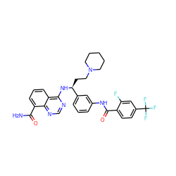 NC(=O)c1cccc2c(N[C@@H](CCN3CCCCC3)c3cccc(NC(=O)c4ccc(C(F)(F)F)cc4F)c3)ncnc12 ZINC000166980440