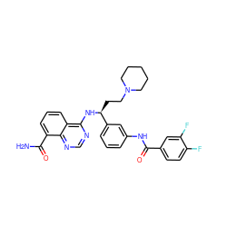 NC(=O)c1cccc2c(N[C@@H](CCN3CCCCC3)c3cccc(NC(=O)c4ccc(F)c(F)c4)c3)ncnc12 ZINC000167075402