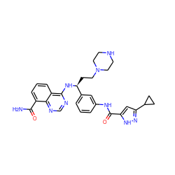 NC(=O)c1cccc2c(N[C@@H](CCN3CCNCC3)c3cccc(NC(=O)c4cc(C5CC5)n[nH]4)c3)ncnc12 ZINC000114342967