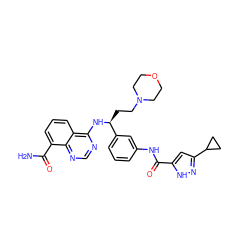 NC(=O)c1cccc2c(N[C@@H](CCN3CCOCC3)c3cccc(NC(=O)c4cc(C5CC5)n[nH]4)c3)ncnc12 ZINC000114348668