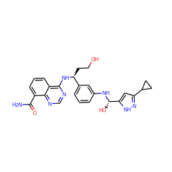 NC(=O)c1cccc2c(N[C@@H](CCO)c3cccc(N[C@@H](O)c4cc(C5CC5)n[nH]4)c3)ncnc12 ZINC000166985082