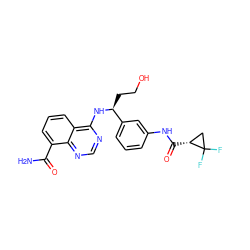 NC(=O)c1cccc2c(N[C@@H](CCO)c3cccc(NC(=O)[C@@H]4CC4(F)F)c3)ncnc12 ZINC000114346423