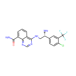 NC(=O)c1cccc2c(NC[C@H](N)c3ccc(Cl)c(C(F)(F)F)c3)ncnc12 ZINC000114347480