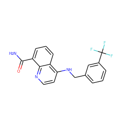 NC(=O)c1cccc2c(NCc3cccc(C(F)(F)F)c3)ccnc12 ZINC000114344189