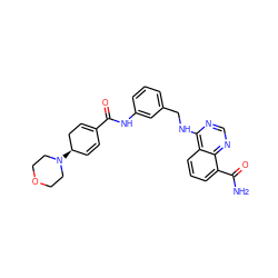 NC(=O)c1cccc2c(NCc3cccc(NC(=O)C4=CC[C@H](N5CCOCC5)C=C4)c3)ncnc12 ZINC000168164731