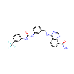 NC(=O)c1cccc2c(NCc3cccc(NC(=O)Nc4cccc(C(F)(F)F)c4)c3)ncnc12 ZINC000114348452