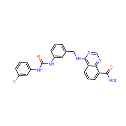 NC(=O)c1cccc2c(NCc3cccc(NC(=O)Nc4cccc(Cl)c4)c3)ncnc12 ZINC000114348494