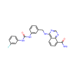 NC(=O)c1cccc2c(NCc3cccc(NC(=O)Nc4cccc(F)c4)c3)ncnc12 ZINC000114347278