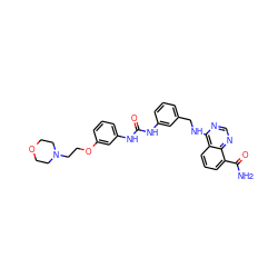 NC(=O)c1cccc2c(NCc3cccc(NC(=O)Nc4cccc(OCCN5CCOCC5)c4)c3)ncnc12 ZINC000166986292