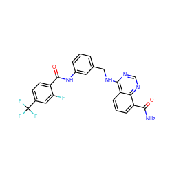 NC(=O)c1cccc2c(NCc3cccc(NC(=O)c4ccc(C(F)(F)F)cc4F)c3)ncnc12 ZINC000114345575