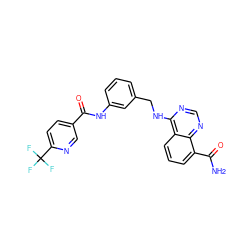 NC(=O)c1cccc2c(NCc3cccc(NC(=O)c4ccc(C(F)(F)F)nc4)c3)ncnc12 ZINC000114348303