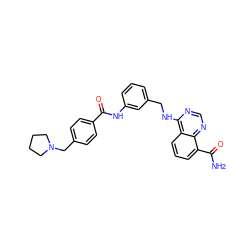 NC(=O)c1cccc2c(NCc3cccc(NC(=O)c4ccc(CN5CCCC5)cc4)c3)ncnc12 ZINC000114347734